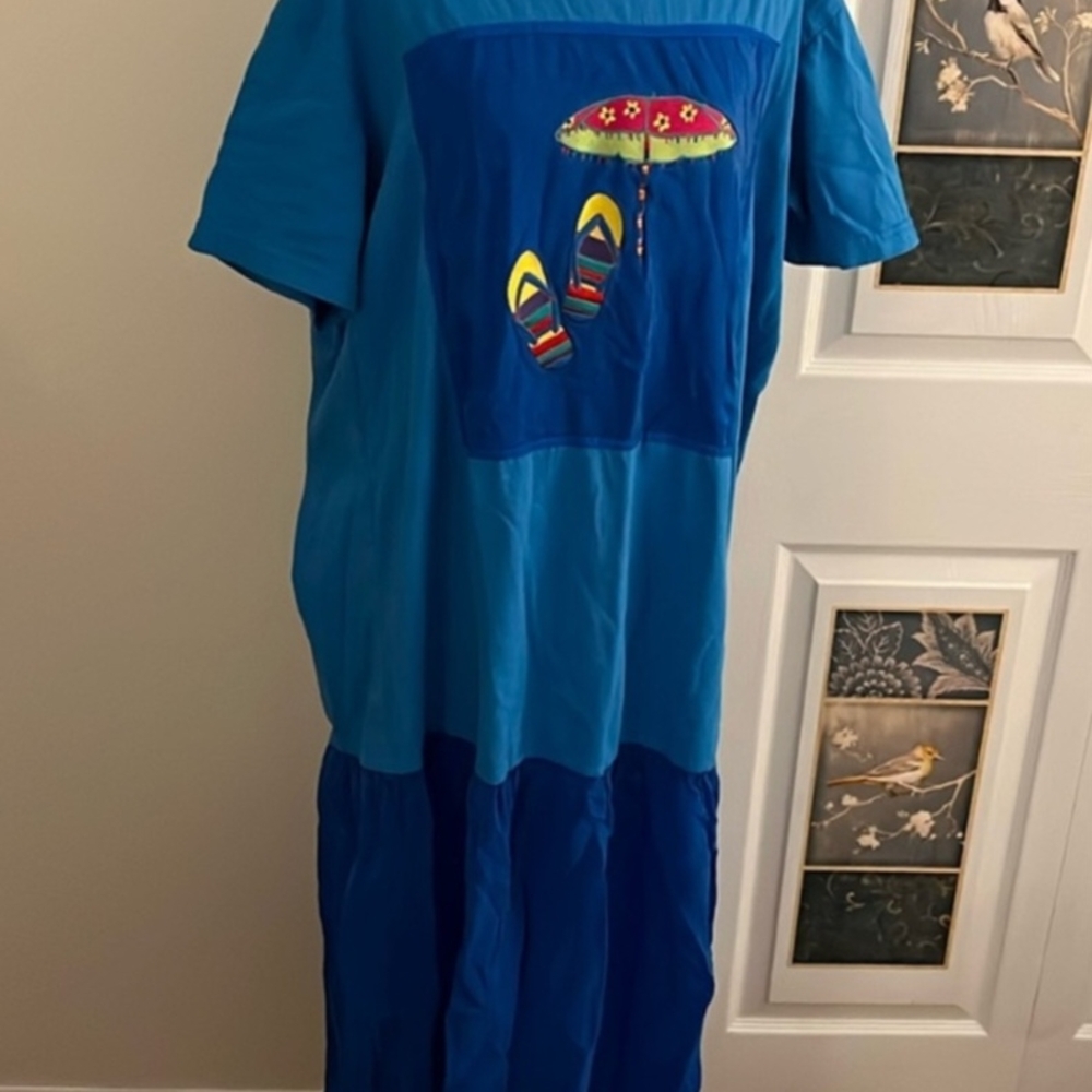 Johnny Was blue Dress with Beach Umbrella and Flip-Flop Design